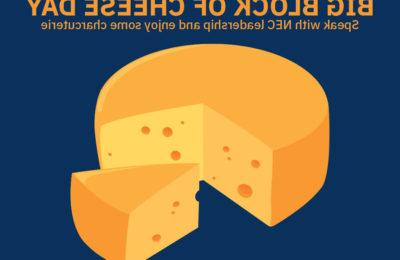 Graphic announcing New England College's annual Big Block of Cheese Day event